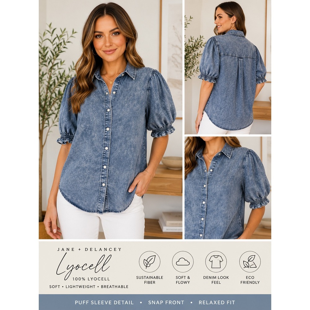 Women's Blue Acid Wash Chambray Puff Seeve Shirt S Lyocell Snap Front Western